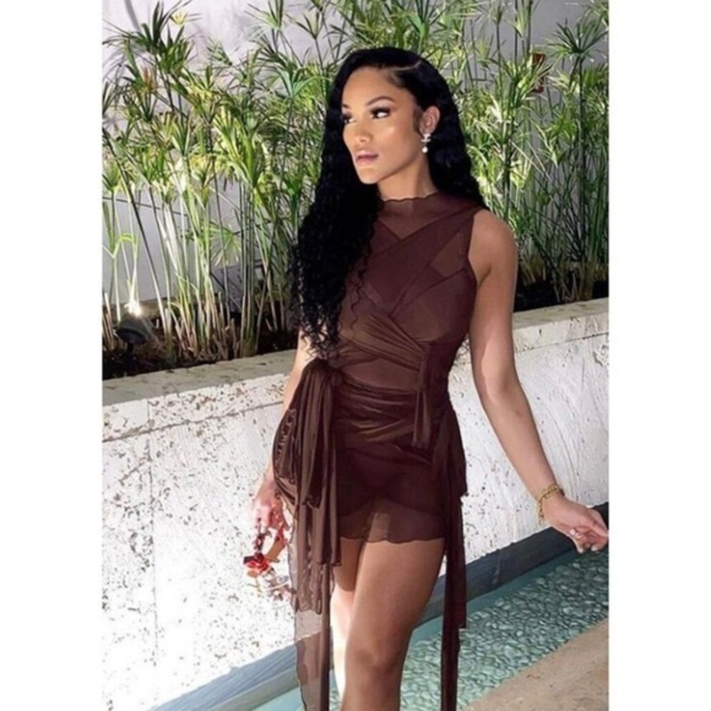 Micas Sheer Mesh Wrap Tie Ribbon Mini Dress BROWN Size XS